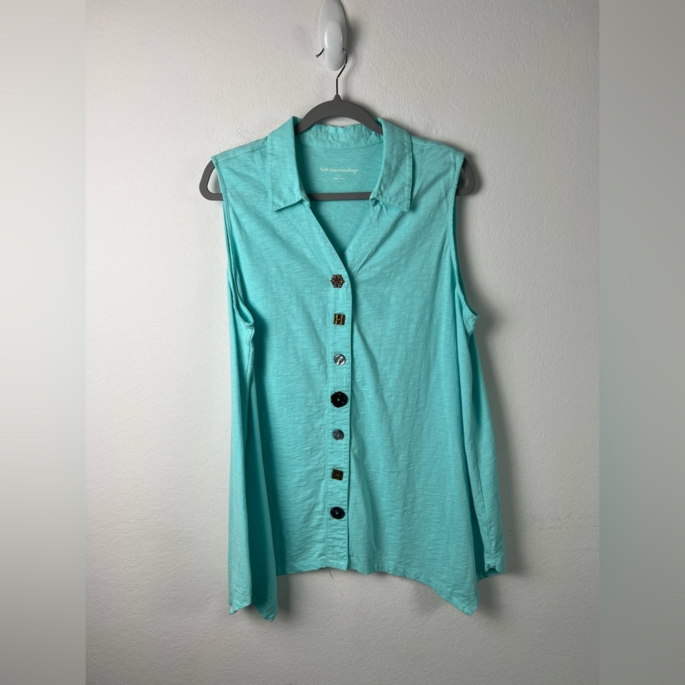 Soft Surroundings Turquoise Lagenlook Art Wear Buttons Sleeveless Tunic Tank Top